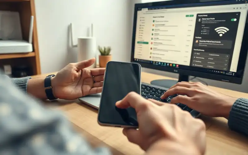 Osoba tworząca kopię zapasową Androida na laptopie, trzymając smartfon w dłoni przy biurku