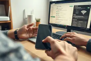 Osoba tworząca kopię zapasową Androida na laptopie, trzymając smartfon w dłoni przy biurku