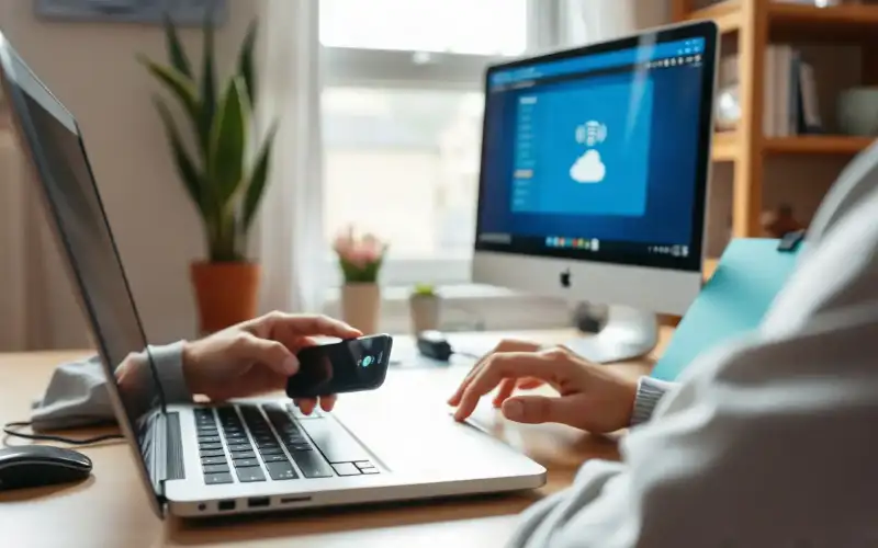 Osoba przy biurku używa laptopa i smartfona połączonych z routerem Wi-Fi w domowym biurze