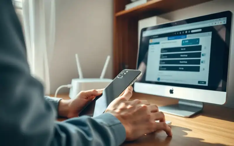 Osoba przy biurku używa laptopa i smartfona, porównując płatny i darmowy VPN