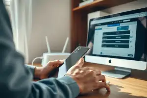 Osoba przy biurku używa laptopa i smartfona, porównując płatny i darmowy VPN