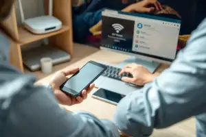 Osoba tworząca kopię zapasową danych na laptopie ze smartfonem w dłoni przy biurku