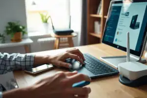 Osoba przy biurku używa laptopa z Windows 11 i smartfona w naturalnym oświetleniu biurowym