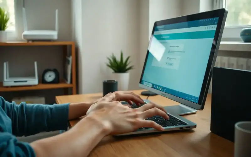 Osoba pracująca na laptopie z systemem Windows 11 przy biurku, ilustrująca sposoby przyspieszenia wolnego komputera