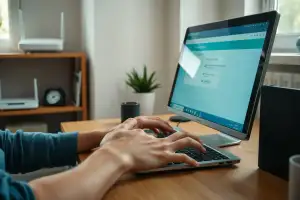 Osoba pracująca na laptopie z systemem Windows 11 przy biurku, ilustrująca sposoby przyspieszenia wolnego komputera