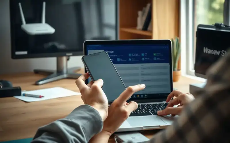 Osoba wyłączająca programy startowe w Windows 10 i 11 na laptopie przy naturalnym oświetleniu