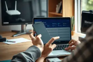 Osoba wyłączająca programy startowe w Windows 10 i 11 na laptopie przy naturalnym oświetleniu