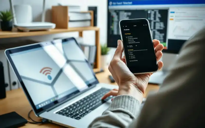Osoba przy biurku używa laptopa i smartfona z Androidem, próbując odzyskać zapomniane hasło