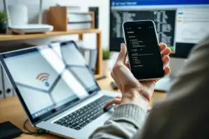 Osoba przy biurku używa laptopa i smartfona z Androidem, próbując odzyskać zapomniane hasło